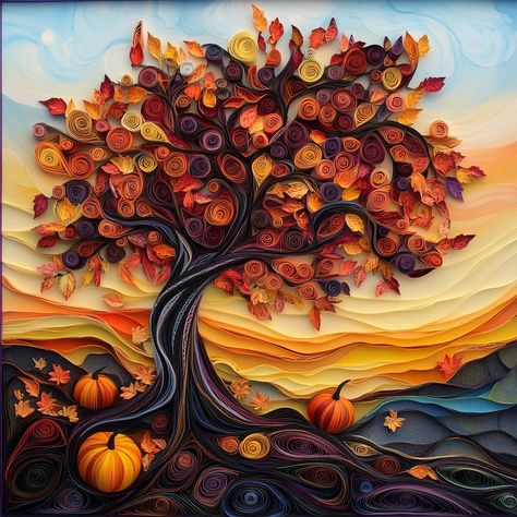 paper quilling, fall theme, fall colors, high detail, leaves, pumpkins, trees Pumpkin Quilling, Quilling Trees, Diy Best Friend Gifts, 3d Quilling, Paper Quilling Designs, Paper Tree, Fall Theme, Quilling Patterns, Quilling Designs