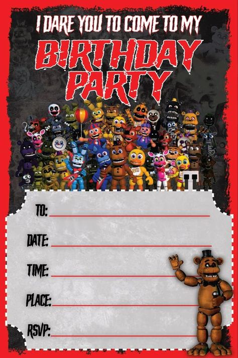 Fnaf Birthday Party Invitations, Fnaf Birthday Invitations, Fnaf Birthday Cards, Fnaf Themed Birthday Party, Party Cards Invitation, Five Nights At Freddy's Birthday Ideas, Fnaf Birthday Party Ideas, Bday Invitation Card, Fnaf Birthday