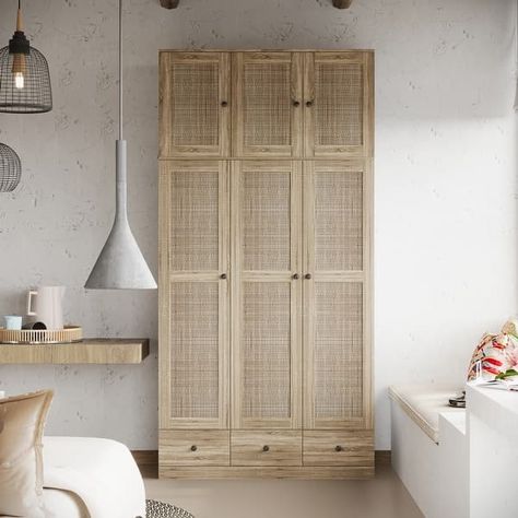 Large Storage Wardrobe Versatile Rattan Door Closet with Deep Drawers - Bed Bath & Beyond - 39983007 Clothes Wardrobe Cabinet, Rattan Armoire, Armoire Bedroom, Tidy Bedroom, Clothing Organizer, Wooden Wardrobe Design, Rattan Style, Wood Armoire, Wooden Wardrobe