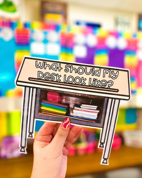 Elementary Desk Organization, Desk Organization Classroom, Classroom Take What You Need, Classroom Desks, Kindergarten Desk Organization, 2nd Grade Desk Arrangement, Student Teaching Must Haves, Classroom Desk Organization Student, Classroom Or Desk Organization Ideas