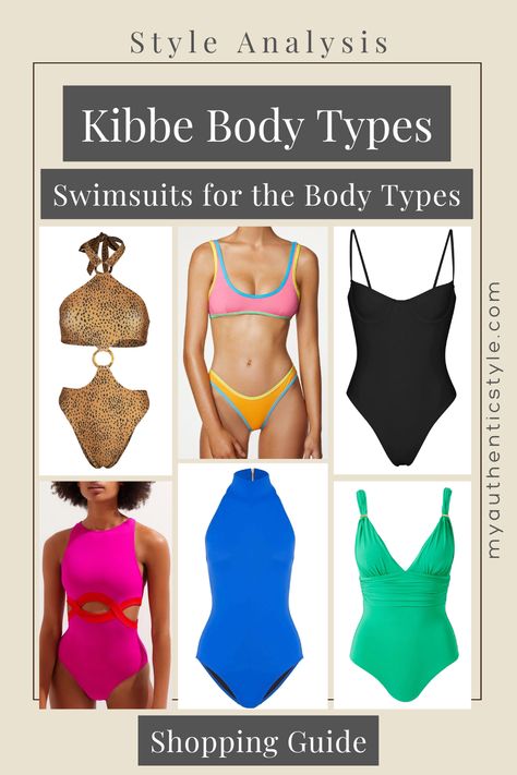 This guide will sharpen your eye for what you need to look for when buying a swimsuit by asking some simple questions: Are you better suited by smooth or textured fabric? A one-piece or a bikini? Sharp contrast or gradual coloring? Neutral tones or colorful styles? The answers to these questions are different for each of the Kibbe body types, and knowing them for yourself will help you buy better each time and avoid the styles that don't work for your lines and essence. Kibbe Dramatic Swimsuit, Soft Classic Kibbe Bathing Suits, Kibbe Soft Natural Swimwear, Soft Classic Bathing Suits, Romantic Body Type Swimsuit, Soft Classic Swimsuit, Soft Natural Swimsuit, Dramatic Classic Swimsuit, Kibbe Romantic Swimsuit