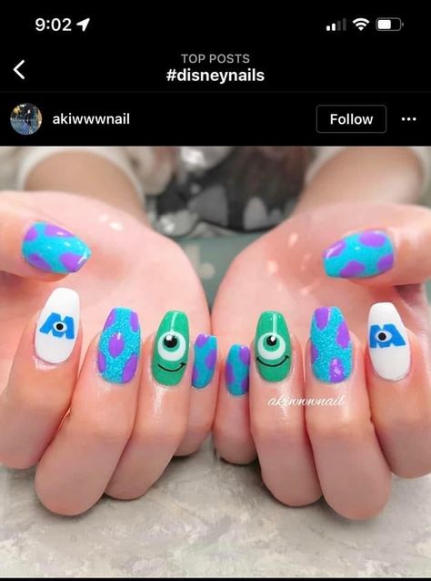 Boo Monsters Inc Nails, Monsters Ink Nails, Bluey Cartoon Nails, Mike Wazowski Nails, Monsters Inc Nail Art, Cartoon Nail Ideas, Monster University Nails, Pixar Nails, Monster Inc Nails