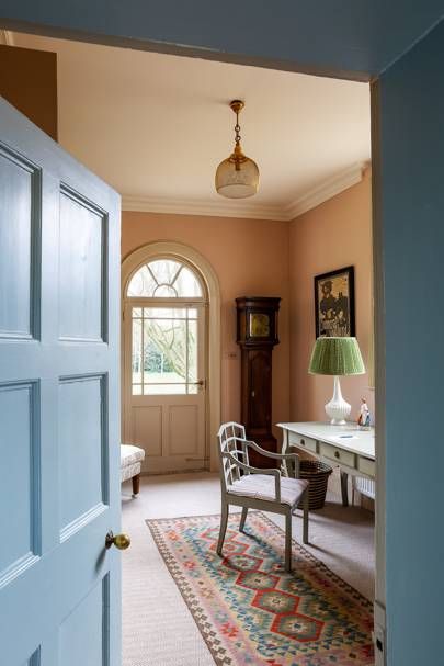 Jonquil Edward Bulmer, Pink And Blue Hallway, Edward Bulmer Jonquil, Edward Bulmer Paint, Suffolk House, Edward Bulmer, Timeless Paint Colors, Blue Doors, Paint Your House