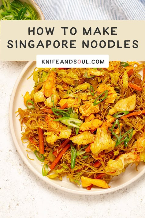 Put the takeaway menu down and make the tastiest Singapore Chow Mein (also known as Singapore Noodles) at home in just 30 minutes with this easy recipe. With tasty prawns/shrimp, pork, soft scrambled eggs, fresh veggies, seasoned with fragrant curry powder, and an umami sauce, these noodles are nutritious, healthy, and satisfying. Whether you prefer mild or spicy flavours, you can easily adjust things to your liking (as well as experimenting with different veggies and proteins). Singapore Chow Mein, Singapore Noodles With Shrimp, Singapore Noodles Chicken, Cantonese Chow Mein, Umami Sauce, Salt And Chilli Chicken, Singapore Noodles Recipe, Soft Scrambled Eggs, Chicken And Sweetcorn Soup