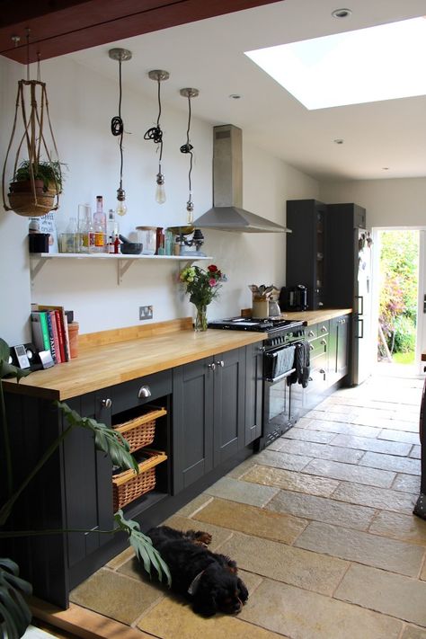 Read all about our wooden worktops and how we're getting on with them here! | www.kezzabeth.co.uk | #kitchenworktop #woodworktop #worktopexpress #diykitchen #kitchenrenovation Kitchen Tiles Wooden Worktop, Tiles With Wooden Worktop, Black Kitchen Wooden Worktop, Shaker Kitchen Wooden Worktops, Wooden Kitchen Worktop, Kitchen With Wooden Worktop, Wooden Top Kitchen, Small Victorian Kitchen, Wooden Worktop Kitchen