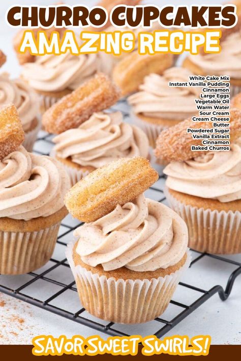 The churro flavor paired with buttercream frosting makes homemade Churro Cupcakes irresistible. Enjoy everything you love about churros in this recipe. While cupcakes look and taste like bakery treats, the entire recipe is effortless. Most everything is pantry ingredients and couldn't be any simpler. #dessertsonadime #churrocupcakes #churrorecipe Homemade Churro, Baked Churros, Churro Cupcakes, Bakery Treats, Churros Recipe, Delicious Cupcakes, Buttercream Frosting Recipe, Frosting Recipe, White Cake Mixes