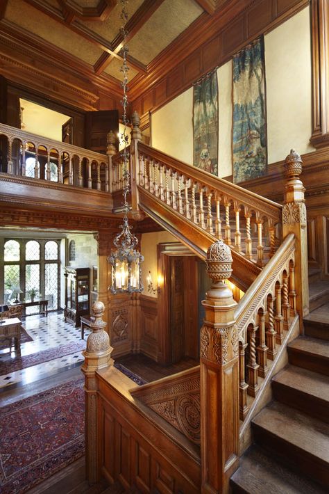 Grand Staircase in the Main Unit Grand Wooden Staircase, Grand Staircase Entrance, Victorian Mansion Interior, Mansion Staircase, English Mansions, Carved Staircase, Grand Staircases, Italianate Architecture, Chettinad House