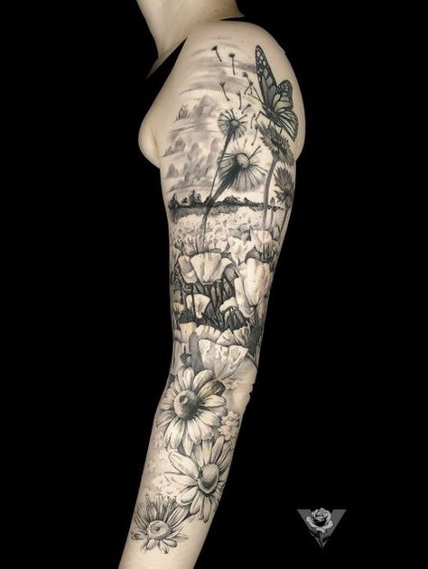 Woodland Leg Tattoo, Whimsical Half Sleeve Tattoo, Meadow Tattoo Sleeve, Field Of Flowers Tattoo, Flower Field Tattoo, Wildlife Tattoo Women, Nature Leg Sleeve, Grey Floral Tattoo, Black And Grey Floral Tattoo