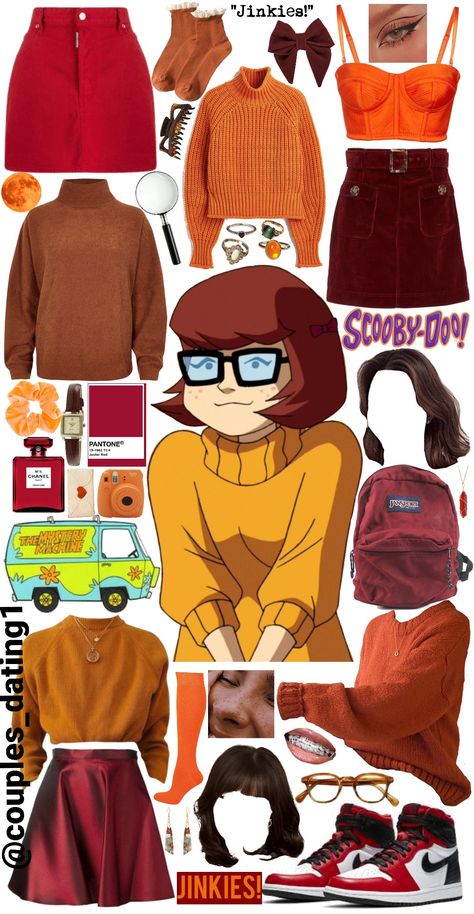 A collage of clothing and accessories used to create a Velma (Scooby Doo) DIY costume. Lots of orange and red. Group costume. Thelma Costume Halloween Scooby Doo, Fred Inspired Outfit Scooby Doo, Velma Outfit Aesthetic, Halloween Costumes Scooby Doo Gang, Scooby Doo Dress Up, Thelma Scooby Doo Costume, Velma Costume Aesthetic, Scoby Doby Doo Halloween Costumes, Mystery Inc Costumes