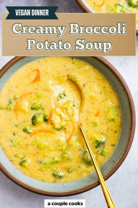 This broccoli potato soup is intensely creamy, satisfying, and 100% plant based! It's an easy healthy soup that everyone loves. #broccolisoup #creamybroccolisoup #veganbroccolisoup #plantbasedbroccolisoup #broccolirecipe #broccolipotatosoup #comfortfoodrecipe #comfortfood #broccolicheesesoup #plantbased #plantbasedrecipe #veganrecipe #wholefoodplantbased #wfpb Easy Healthy Soup, Broccoli Potato Soup, Broccoli Potato, Best Fish Recipes, Creamy Broccoli Soup, Winter Salad Recipes, A Couple Cooks, Creamy Broccoli, Couple Cooking