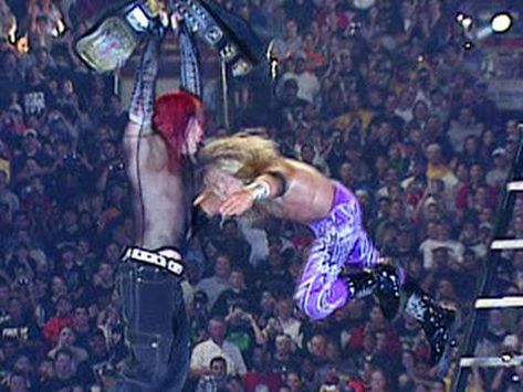 In one of the best matches in WrestleMania history, WWE Tag Team Champions the Dudley Boyz faced Edge & Christian and the Hardy Boyz in a TLC match. At one point, Edge performed the most memorable Spear in history as he Speared Jeff Hardy in midair. http://theunofficialwweblog.tumblr.com/post/81190208793/top-30-wrestlemania-matches-7-days-away-number Wwe Jeff Hardy, The Hardy Boyz, Wwe Tag Teams, Eddie Guerrero, Cheap Hotel, Jeff Hardy, Wwe World, Kevin Owens, Wrestling Superstars