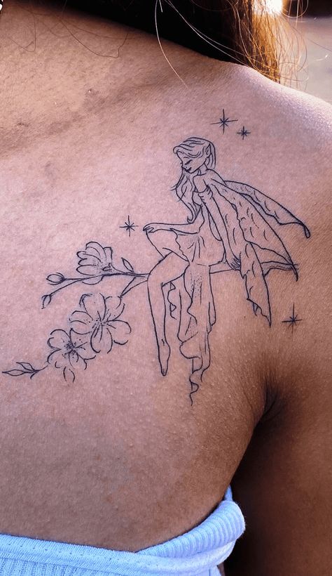 Disney Fairy Tattoo, Flying Fairy Tattoo, Fairy With Dress Tattoo, Pixie Fairy Tattoo Ideas, Fairy And Sun Tattoo, Sun Fairy Tattoo, Fairy Shoulder Tattoo, Faerie Tattoo Ideas, Fairy Tattoo Ideas For Women