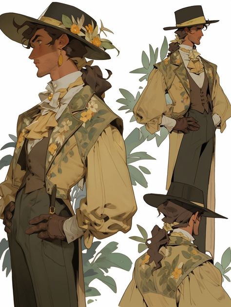 Gardener Character Design Male, Boho Character Design, Florist Character Design, 19th Century Character Design, Nonhuman Character Design, 1800s Character Design, Victorian Era Character Design, Botanist Character, Solarpunk Character Design