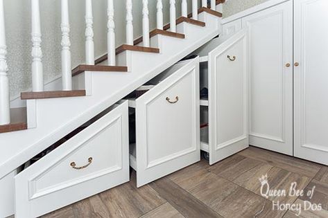 Under stair storage space can be a premium location in a home. See these great ideas for how to utilize that space at Queen Bee of Honey DOs Storage Under Staircase, Stairway Storage, Kitchen Under Stairs, Under Stairs Nook, Under Stairs Ideas, Under Staircase, Under Stairs Storage Solutions, Stair Nook, Space Under Stairs