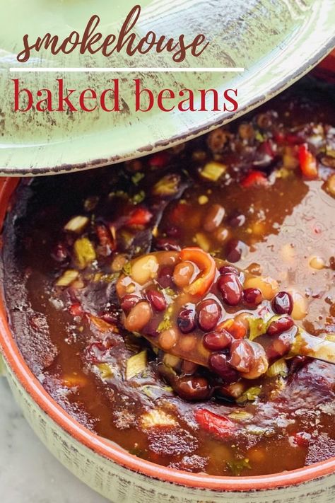 pot of baked beans with onions and peppers. Pulled Pork Baked Beans, Calico Baked Beans, Calico Beans Recipe, Bbq Beans, Homemade Fried Chicken, Cowboy Beans, Zesty Sauce, Baked Bean Recipes, Fried Chicken Wings