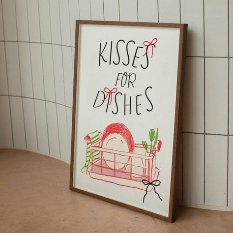 Kisses for Dishes Print, Funny Kitchen Poster, Coquette Aesthetic, Trendy Cute Bow Wall Art, Kitchen Humor | DIGITAL Aesthetic Kitchens, Coquette Kitchen, Girly Kitchen, Funky Kitchen, Bow Wall, College Apartments, Funny Girly, Coquette Bows, Funny Decor