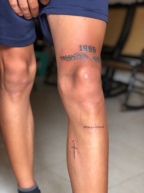 Realism Tattoo Ideas For Men Leg, Thigh Script Tattoo Men, Leg Tattoos For Guys Ideas, Small Tattoos For Guys Leg, Jayden Armour Tattoo, Quad Tattoos For Men, Words Tattoo For Men, Mens Quad Tattoo, Small Thigh Tattoos Men