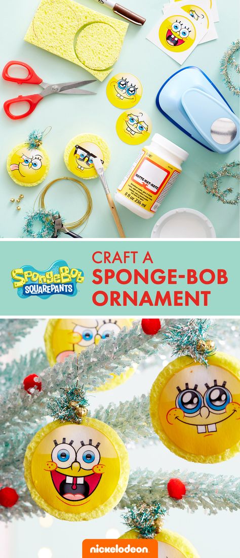 Deck the halls with boughs of SpongeBob ornaments! Craft these kid-friendly holiday ornaments made of actual sponge and printable SpongeBob face templates. It's the perfect pre-Christmas craft to do with the family. Spongebob Christmas Ornaments Diy, Spongebob Ornaments Diy, Spongebob Christmas Decorations, Spongebob Christmas Tree, Spongebob Crafts Diy, Spongebob Crafts For Kids, Spongebob Ornaments, Spongebob Template, Printable Spongebob