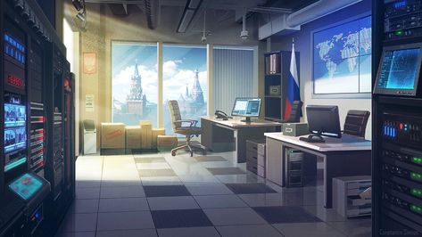 ArtStation - Moscow - Security office, Constantin Simion Landscape Anime, Anime Houses, Futuristic Office, Security Room, Security Office, Background Anime, Episode Backgrounds, Office Background, Fantasy Background