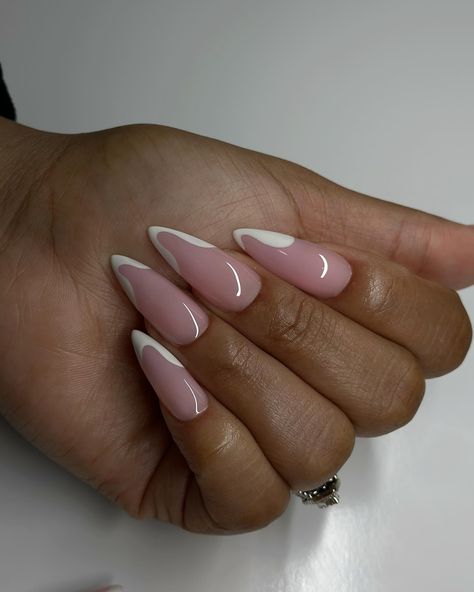 Redid it in white 🥂 #dovenailsbysharon Almond French Designs, French Tip Almond Design, Squiggly French Tip Nails, Circle Nail Designs, White Tips Design, Almond Nails White Design, French With Design Nails, Almond Nails Designs White, White Tip Almond Nails