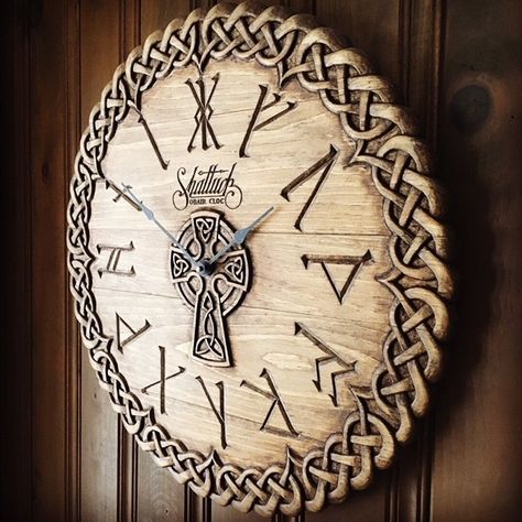 27.5 inch solid wood completely hand carved celtic style wall clock. #celticknot #celticclock #customclock #runes Giant Clock, Custom Clocks, Wood Clock, Celtic Style, Wood Clocks, Wooden Clock, Hand Carved Wood, Custom Wall, Celtic Knot