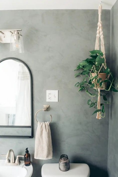 Stucco Bathroom Walls, Diy Plaster Walls Texture, Plaster Paint Walls, Plaster Bathroom Walls, Textured Walls Bathroom, Textured Bathroom Walls, Grey Venetian Plaster, Rough Textured Walls, Venetian Plaster Bathroom