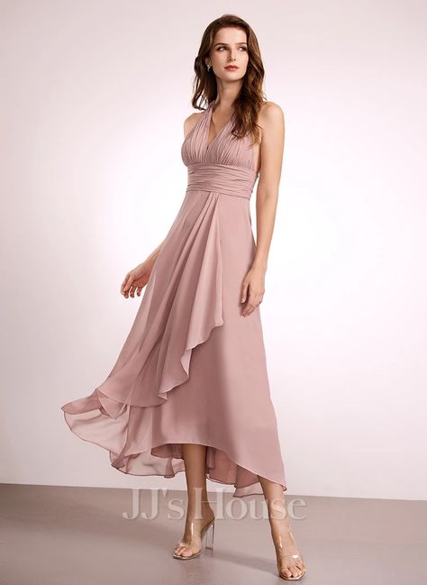 A-line V-Neck Asymmetrical Chiffon Bridesmaid Dress (007262569) Empire Waist High Low Dress, Bridesmaid Dresses Jj'shouse, Asymmetrical Bridesmaid Dress, Jj House, Princess Bridesmaid Dress, Knee Length Bridesmaid Dresses, One Shoulder Bridesmaid Dresses, One Shoulder Bridesmaid, Sleeveless Bridesmaid Dresses