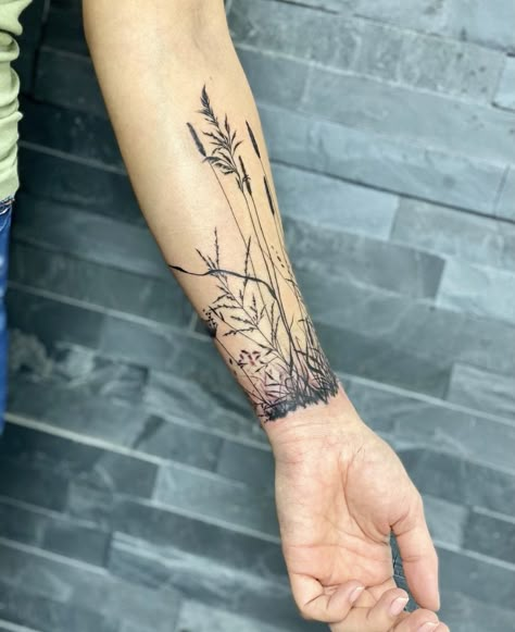 Floral Wrist Cuff Tattoo, Botanical Cuff Tattoo, Grasses Tattoos, Western Theme Tattoo Sleeve Women, Wild Grass Tattoo, Foraging Tattoo, Corruption Tattoo, Meadow Tattoo, Wildflower Tattoo Sleeve