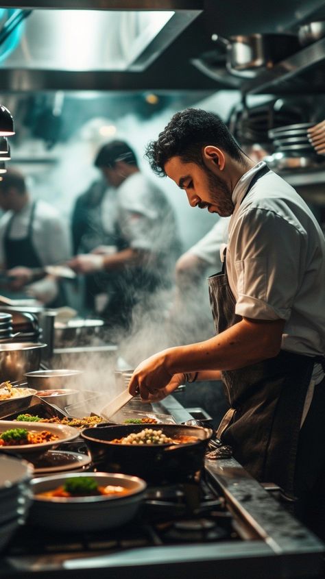 Chef Cooking Meal: A focused chef meticulously prepares a dish in a bustling commercial kitchen filled with steam. #chef #cooking #kitchen #steam #commercial #aiart #aiphoto #stockcake ⬇️ Download and 📝 Prompt 👉 https://ayr.app/l/FDUz Cooking Aesthetic Restaurant, Busy Restaurant Photography, Chef Kitchen Aesthetic, Busy Restaurant Aesthetic, Restaurant Meals Aesthetic, Man Cooking Photography, Aesthetic Cooking Photos, Professional Chef Aesthetic, Cooking Aesthetic Photography