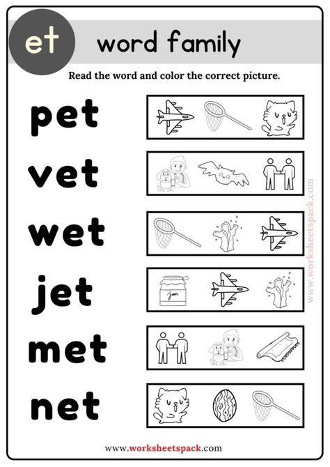 Et Word Family Worksheet, Et Words Worksheet, Et Family Words Worksheet, Word Family Worksheets Kindergarten, E Sound Words Worksheet, Family Words Worksheets For Kids, Word Families Kindergarten, Et Word Family, Coloring Pages For Kindergarten