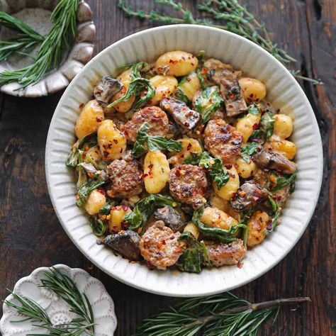 Creamy Italian Gnocchi with Sausage, Mushrooms, and Spinach Italian Sausage Gnocchi, Gnocchi With Sausage, Staple Meals, Sausage Gnocchi, Italian Gnocchi, Simple Spinach Salad, Mushrooms And Spinach, Paprika Sauce, Chicken Gnocchi