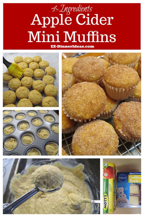 Cake Mix Muffin Recipe | 4-Ingredient Apple Cider Mini Muffins Mini Muffins From Cake Mix Recipes, Cake Mix Cinnamon Muffins, Apple Cider Mini Muffins, Cake Mix Mini Muffins, Easy Mini Muffin Recipes, Muffins From Cake Mix Recipes, Mini Apple Muffins, Apple Cider Muffins, Mini Muffin Recipe