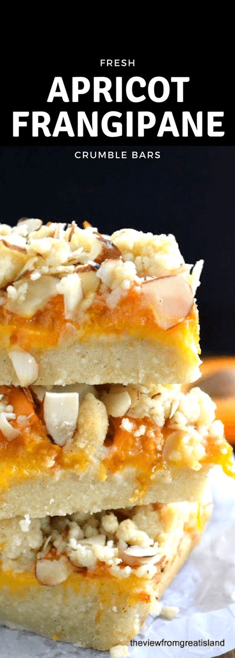 Apricot Frangipane Crumble Bars ~ these bars are easy to put together, and the flavor combination of apricot and almonds is intoxicating! They are a beautiful way to use fresh, summer apricots. #apricot #summer #crumblebars #bars #dessert #frangipane #almondpaste #almonds #shortbread Apricot Frangipane, Apricot Bars, Apricot Preserves, The View From Great Island, Sweet Bakes, Apricot Recipes, Cake Mug, Homemade Goodies, Shortbread Bars