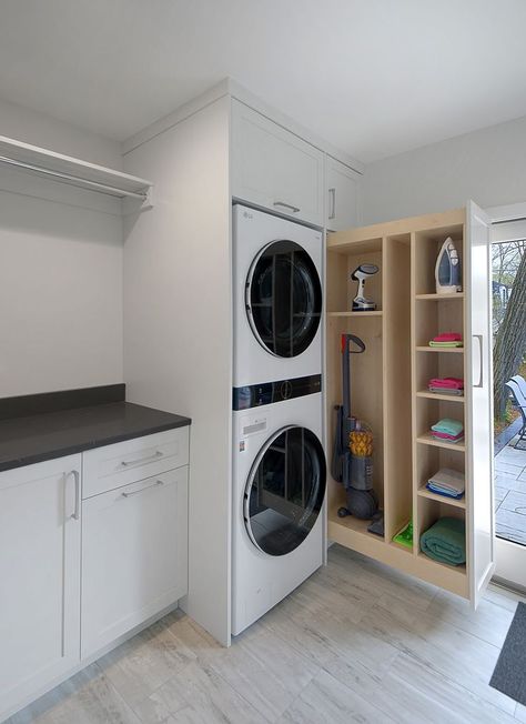 laundry room Compact Laundry Room, Utility Room Ideas, Stacked Laundry, Stacked Laundry Room, Laundry Room Wall Decor, Basement Bar Designs, Laundry Room Layouts, Laundry Solutions, Modern Laundry Rooms