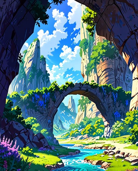 "A Natural Stone Bridge" #aiart #animeillustration #illustrationart #illustration #illustrator #art #design #drawing #painting #artwork #generativeartworks #nature #landscape #sky Fantasy Bridge, Bridge Illustration, Sky Bridge, Bridge Painting, Bridge Art, Landscape Sky, Cool Pixel Art, Paint Inspo, Stone Bridge