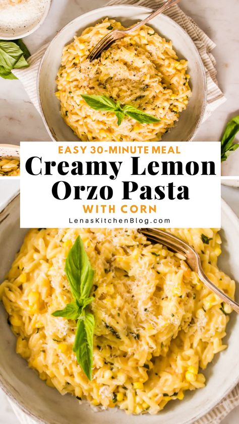 Creamy Lemon Orzo Pasta with Corn comes together easily in one pan. With bright flavors, hearty corn, and creamy melted parmesan, this flavorful side dish pairs perfectly with all of your weeknight dinners. Creamy Lemon Orzo, Pasta With Corn, Lemon Orzo Pasta, Italian Side Dish, Creamy Orzo Pasta, High Blood Pressure Diet Meals, Greek Grilled Chicken, Italian Side Dishes, Green Herbs