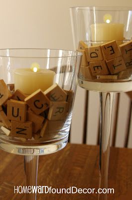 A 'Fast, Cheap & Easy' tabletop candle idea from HOMEWARDfound Decor (votives sit in a smaller glass cup, tucked inside the Scrabble letters) Scrabble Centerpieces, Scrabble Birthday Party Ideas, Scrabble Party Decorations, Clue Party Table Decor, Board Game Decorations, Scrabble Wedding, Game Night Decorations, Scramble Letters Decor Scrabble Wall, Board Game Party