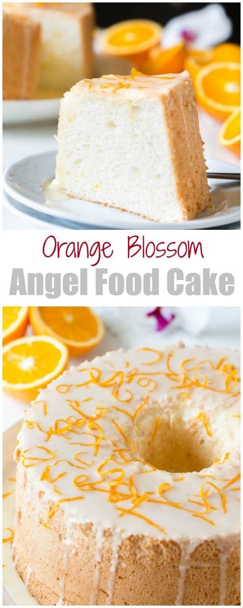 Infused with citrusy floral orange blossom, this angel food cake is simply the BEST! And you sure don't want to omit that orange curd, it takes this cake from great to FABULOUS! Make Ahead Cake, Angel Food Cake From Scratch, Orange Curd, Blossom Cake, Summer Cake, Dump Cake, Orange Cake, Angel Food Cake, Food Cake