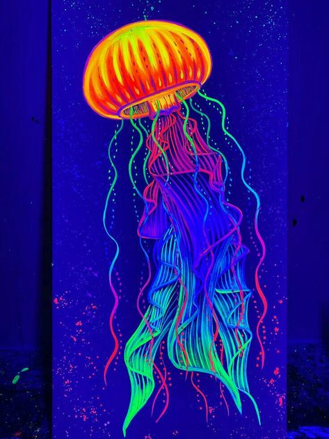 Neon Art Painting, Uv Art, Chill Aesthetic, Light Artwork, Jellyfish Painting, Trippy Wall, Neon Artwork, Jellyfish Art, Psychadelic Art