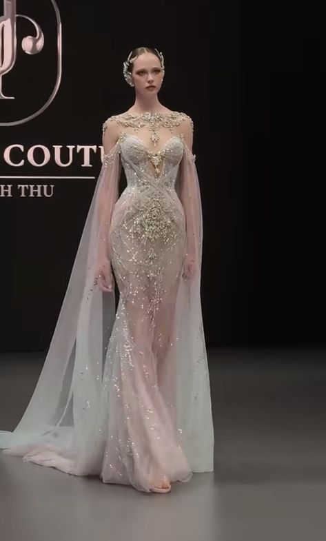 Princess Jasmine Inspired Wedding Dress, Elfish Dress, Armour Wedding Dress, Unique Wedding Dresses Aesthetic, Ethereal Dress Goddesses Wedding, Etheral Wedding Dress, Sci Fi Wedding Dress, Dresses With A Cape, Futuristic Wedding Dress