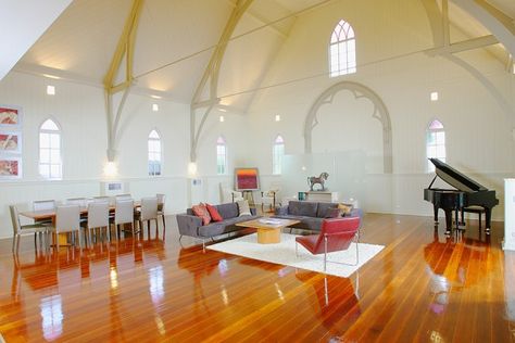 Church converted into a stunning Brisbane home Puffy Sofa, Red Lounge, Colorful Cushions, Church Conversions, Contemporary Residence, Unusual Buildings, Black Piano, Homeward Bound, Gourmet Kitchen