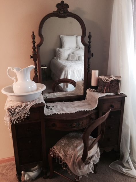 My antique vanity from late 1800's Late 1800s Furniture, Coquette Room Dark Wood, Old Lady Bedroom Aesthetic, 1800 Home Decor, 1800s Furniture, 1800s Decor, 1800s Bedroom, Antique Bedroom, Antique House