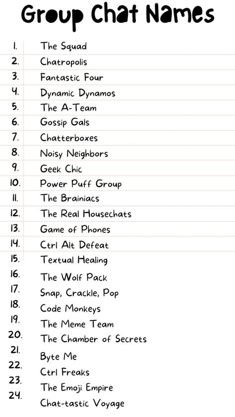 Printable Group Chat Names List PDF Best Group Names, Crazy Laughing, Funny Group Chat Names, Funny Contact Names, Names For Snapchat, Snapchat Groups, Aesthetic Names For Instagram, Group Chat Names, Group Names Ideas