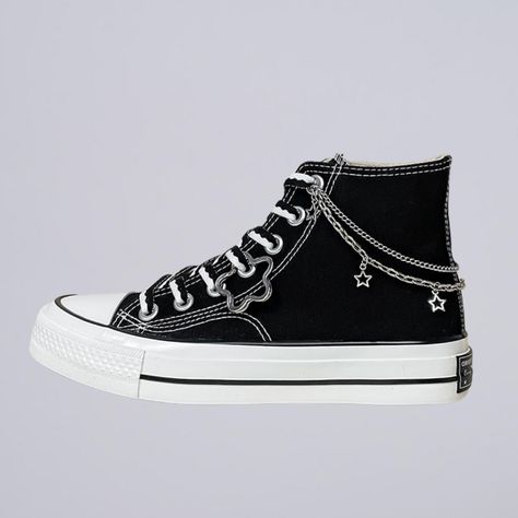 Shoes For Going Out, Black Aesthetic Shoes, Rockstar Shoes, Alt Sneakers, Customized Converse, Emo Shoes, Dark Shoes, Hightop Shoes, Cool Converse