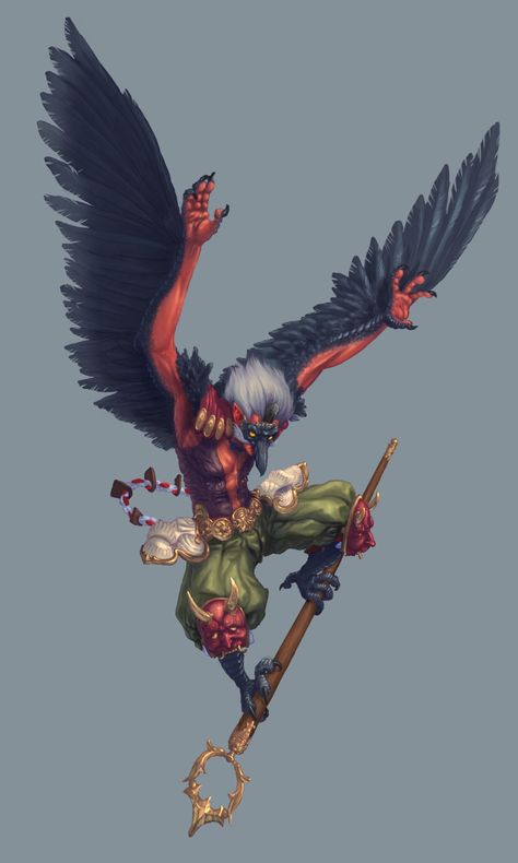 Tengu, Pedro Vasconcellos on ArtStation at https://www.artstation.com/artwork/nQwoL1 Tengu Concept Art, Wanyudo Yokai, Yokai Concept Art, Tengu Character Design, Tengu Warrior, Yokai Character Design, Tengu Art, Japanese Demon Art, Yokai Tattoo