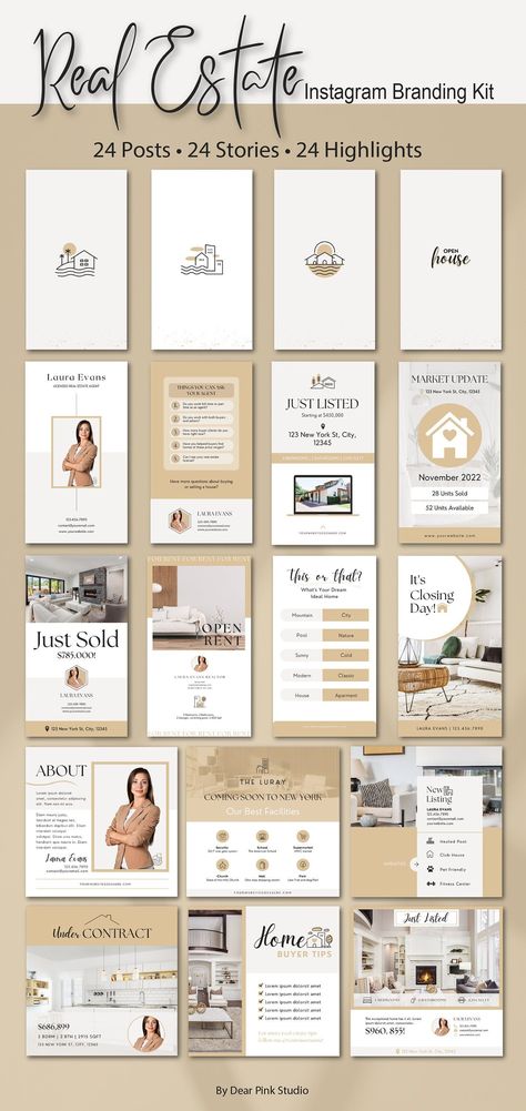 Instagram branding kit for female real estate agents to help them create a professional and consistent online presence. Includes custom logo, branded templates, and social media #Real_Estate_Agent_Outfits #Real_Estate_Marketing_Gifts #Canva_Real_Estate #Real_Estate_Agent_Branding Real Estate Agent Outfits, Real Estate Marketing Gifts, Canva Real Estate, Real Estate Agent Branding, Real Estate Business Plan, Inmobiliaria Ideas, First Instagram Post, Real Estate Instagram, Realtor Social Media