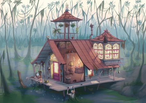 Fantasy Swamp, New Orleans Swamp, Swamp House, Single Illustration, Fantasy Village, Comic Tutorial, She Shed, Fantasy Landscape, Game Design