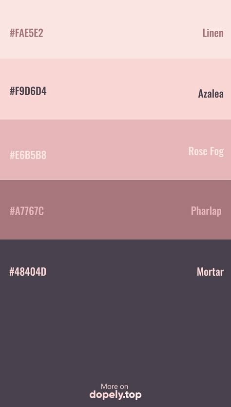 Color Palette inspiration with these hex codes: #FAE5E2 #F9D6D4 #E6B5B8 #A7767C #dopely #colorpalette #purple 8 Color Palette Hex Codes, 5 Color Color Palette, Color Palette And Codes, Purple Colour Palette Hex Codes, Canva Purple Palette, Colour Pallette With Hex Codes, 5 Color Palette Hex Codes, Aesthetic Color Palettes Hex Codes Goodnotes, Aesthetic Colour Palette Hex Codes