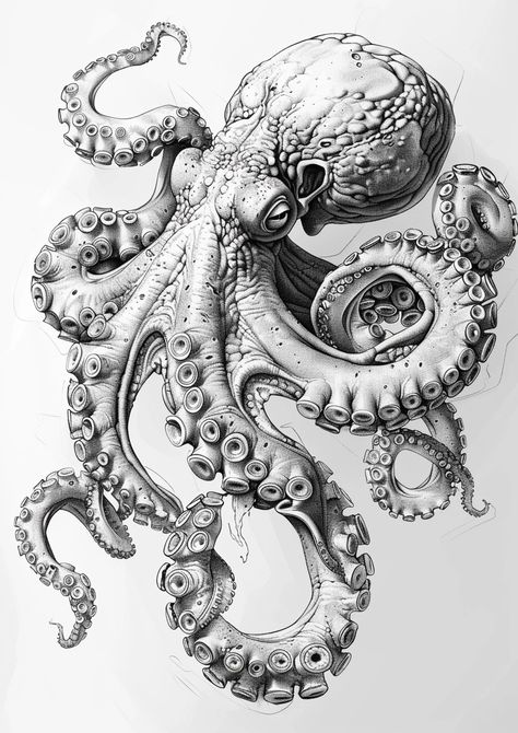 Octopus Art Reference, Octopus Tattoos Drawing, Octopus Holding Something, Giant Pacific Octopus Drawing, Kraken Back Tattoo, ရေဘဝဲ Tattoo, Octopus Tattoo Sketch, Cool Octopus Drawing, Jellyfish Tattoo Sketch