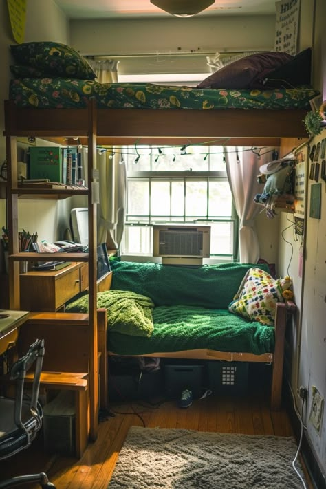 Functional Dorm Room, Single Dorm Room Aesthetic, Dorm Seating Ideas, Whimsigoth Dorm Room, Dark Green Dorm Room, How To Make Room Cozy, Dorm Room Ideas Dark, 70s Dorm Room, Bunk Bed Dorm Room Ideas